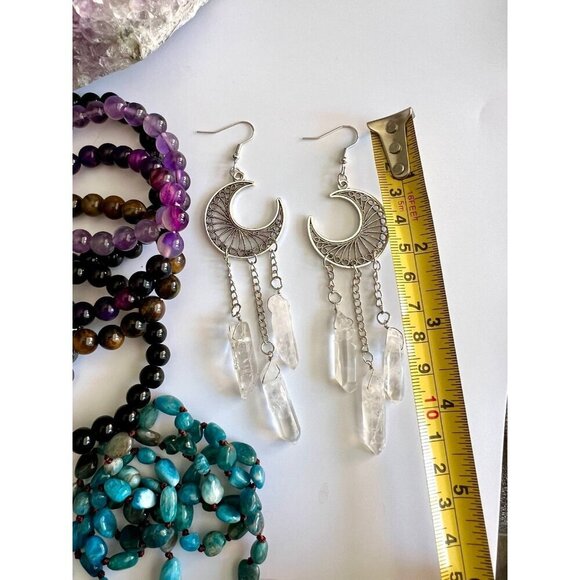 Celestial! Triple Clear Quartz Moon Chandelier Earrings! - Picture 3 of 8